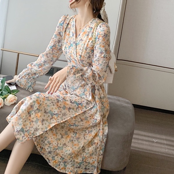 Đầm Ngắn Cổ Chữ V Cột Dây Eo In Họa Tiết Hoa Phong Cách Pháp Thời Trang Mùa Thu Mới Cho Nữ