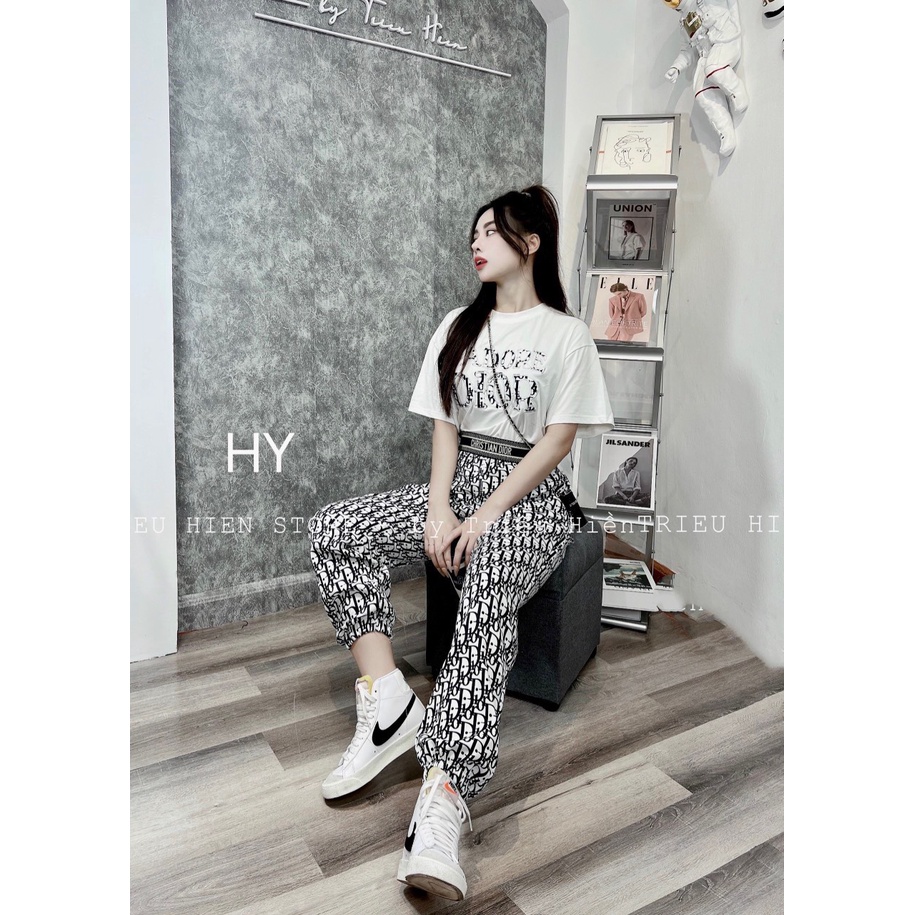 [9.9 Sales Freeship] Set bộ thể thao nữ, set áo thun from rộng in chữ quần dài ống túm in họa tiết đi chơi cá  tính