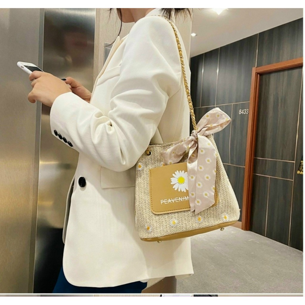 [Mã FAMAYWA2 giảm 10K đơn 50K] Túi cói hoa cúc họa mi phối nơ-Túi cói đeo vai Hàn Quốc - Túi cói đi biển | BigBuy360 - bigbuy360.vn