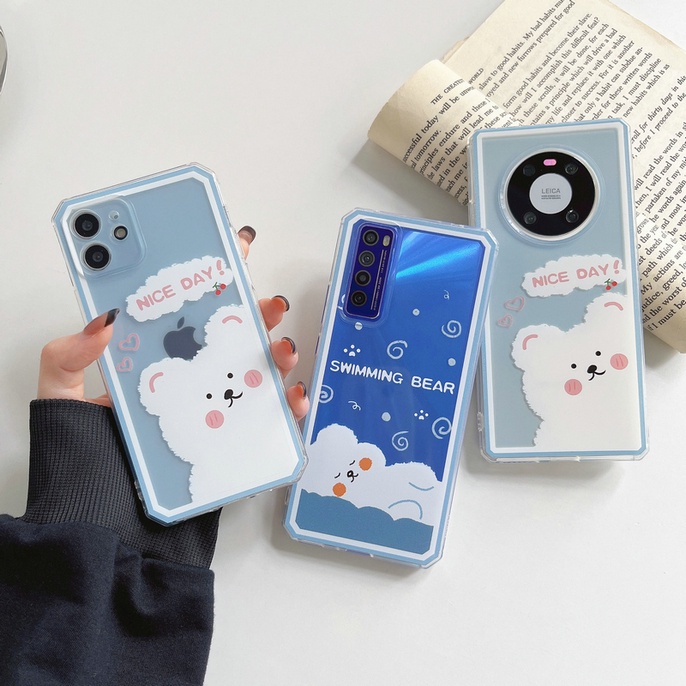 Casing Samsung Galaxy S22 S22+ S21 S21+ S20 S20+ S10 S10+ FE Note 20 10 Ultra Plus Lite 4G 5G Cute Bear Clear Tpu Straight Edge Fine Hole Soft Phone Back Case Cover WET 03