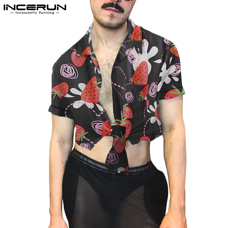 Áo sơ mi INCERUN croptop ngắn tay dáng rộng in hình dâu tây thời trang mùa hè cho nam