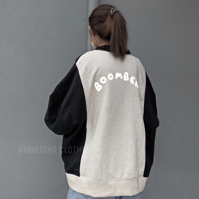 ÁO KHOÁC NỈ BÔNG CARDIGAN BOOMBER PHẢN QUANG UNISEX - ÁO KHOÁC NỈ RAGLAN TRẮNG PHỐI ĐEN XÁM CÚC CÀI IN CHỮ B