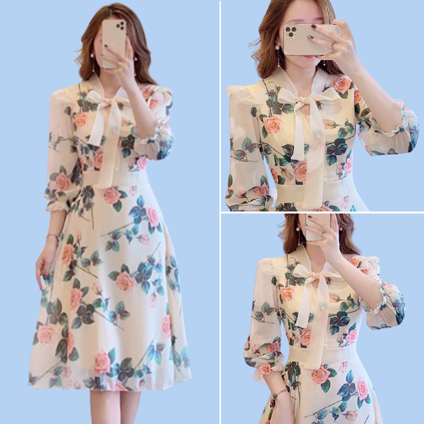 Váy Hoa Dài Tay Thắt Nơ Cổ V Hàng Thiết Kế Cao Cấp 2 Lớp Mềm Mịn Thấm Hút Mồ Hôi [Ảnh Thật Shop Tự Chụp] | BigBuy360 - bigbuy360.vn