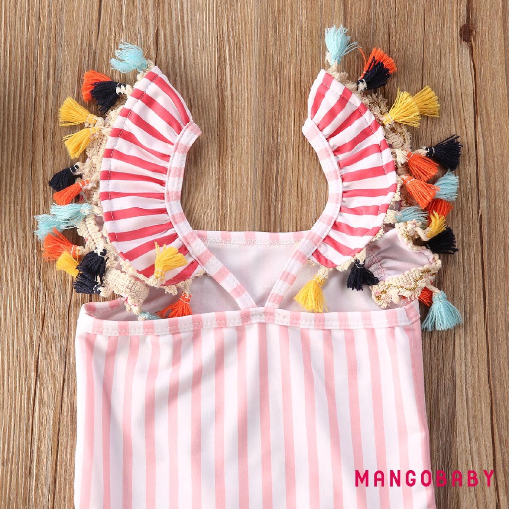 ♬MG♪-Baby Girls Striped Sleeveless Tassel Ruffle Cartoon Cute Mermaid Pattern Bathing Suit