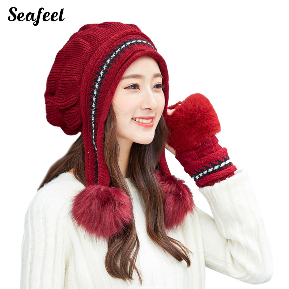 Set 3 Nón Len Trùm Đầu Và Găng Tay Len Dày Ấm Áp