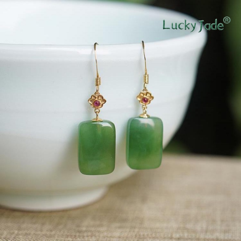 Bông Tai Mạ Vàng 18K Đính Ngọc Bích Trắng Phong Cách Trung Quốc