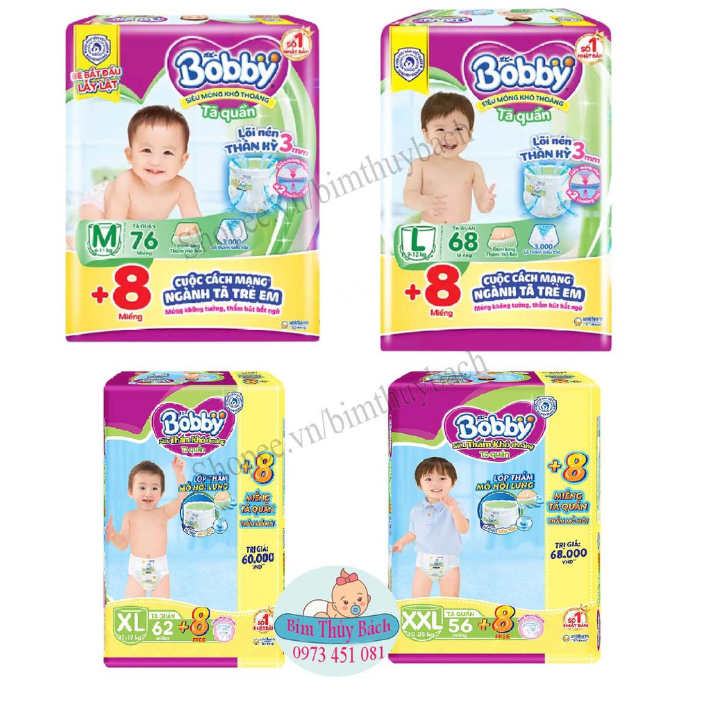 Tã Quần Bobby Siêu Thoáng M60,L52,XL48,XXL44, M76/L68/XL62/XXL56 mẫu mới tặng 8 miếng