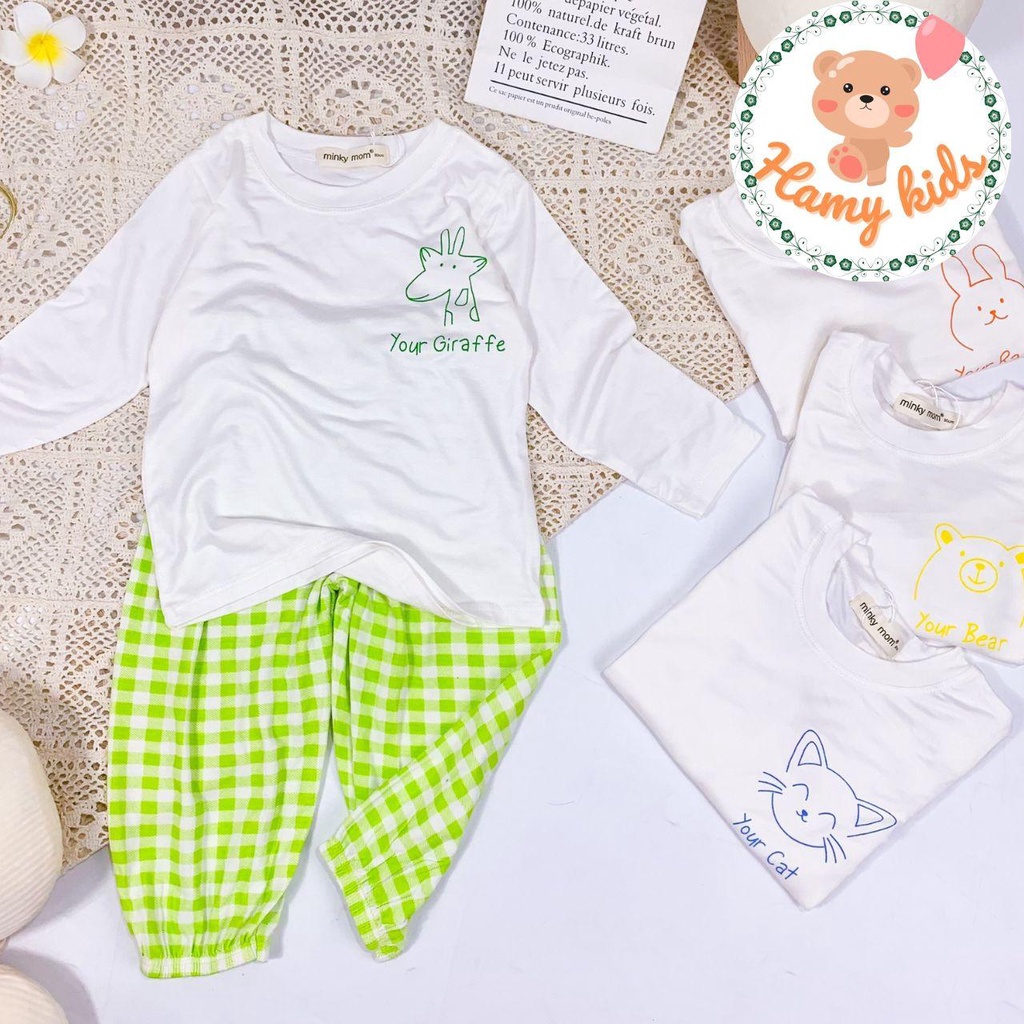 Bộ Dài Tay Quần ALibaba Minky Mom Chính Hãng Thun Lạnh Áo Trắng Quần Caro Bé Trai Bé Gái Từ 0-5 Tuổi Dưới 20kg- Hamykids