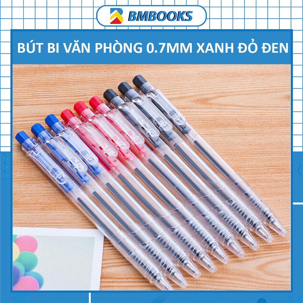  Bút bi văn phòng đầu 0.7mm dạng bấm cao cấp 3 màu cơ bản xanh đen đỏ BMBooks