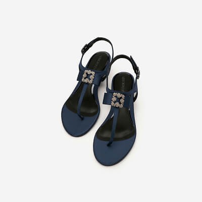 Vascara Giày Sandal T-strap Phối Nơ - Màu Xanh Navy Mới Về