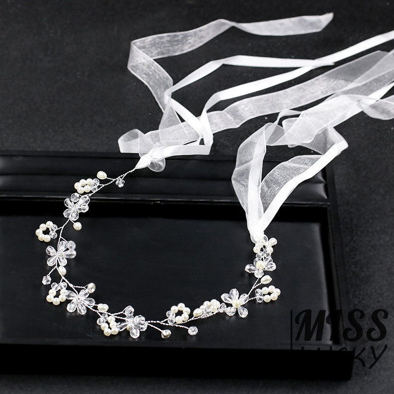 Băng đô cài tóc hoa đính đá ngọc trai buộc dây ruy băng dễ thương ngọt ngào dành cho nữ