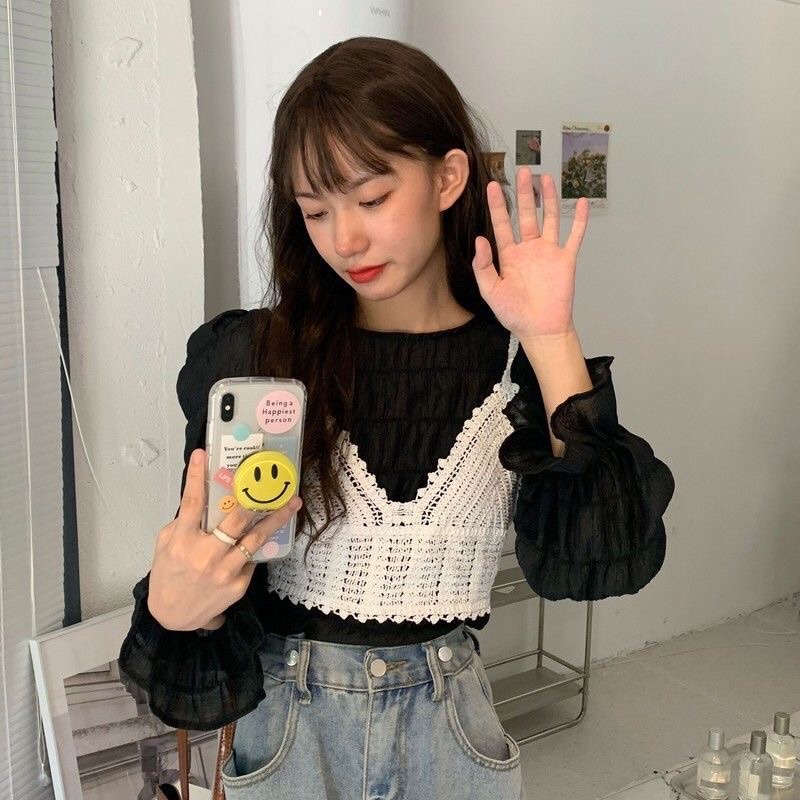 Set Áo Tay Phồng Bánh Bèo + Áo Len Ren Siêu Xinh