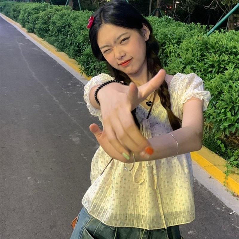 Áo Kiểu Trễ Vai Tay Phồng In Họa Tiết Hoa Thời Trang Cho Nữ