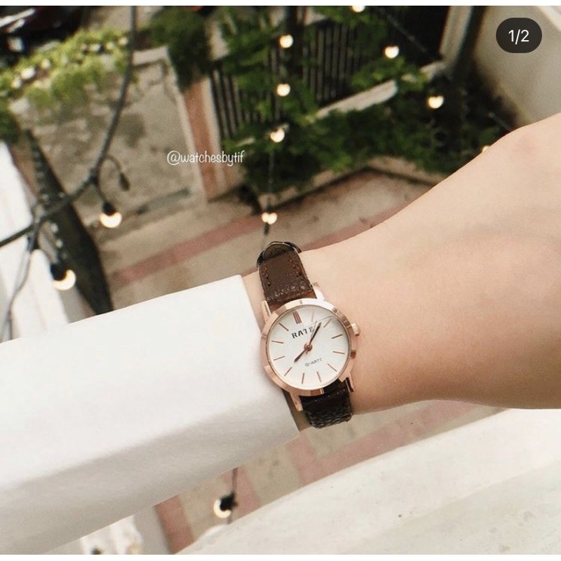 Đồng hồ nữ dây da mặt nhỏ RATE TRÒN nâu mặt trắng đồng hồ nữ chính hãng Watchesbytif đẹp giá rẻ chống nước size 22mm