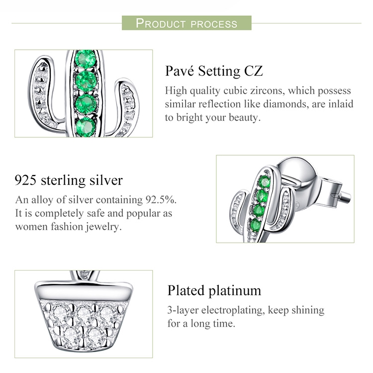 Bông tai Bamoer bạc 925 hình cây xương rồng đính đá kiểu dáng thời trang cho nữ