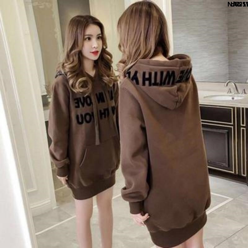 Áo Nỉ Dài Ngang Gối In Chữ Dày Dặn Phong Cách Harajuku Hàn Quốc Thời Trang Thu Đông Mới Cho Nữ