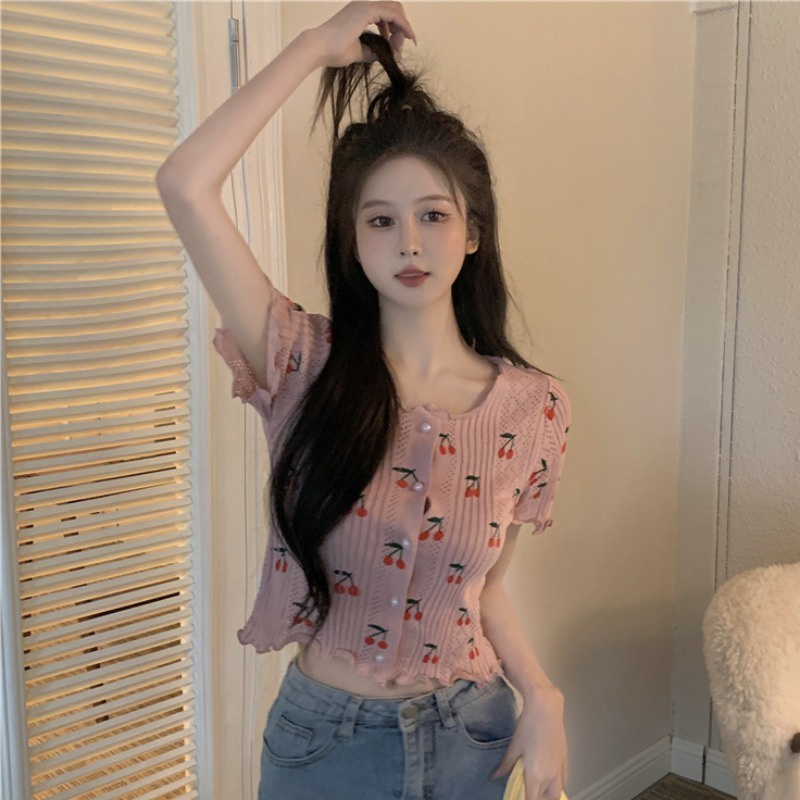 Áo cardigan ZHELIHANGFEI dệt kim tay ngắn thêu hình quả cherry dễ thương