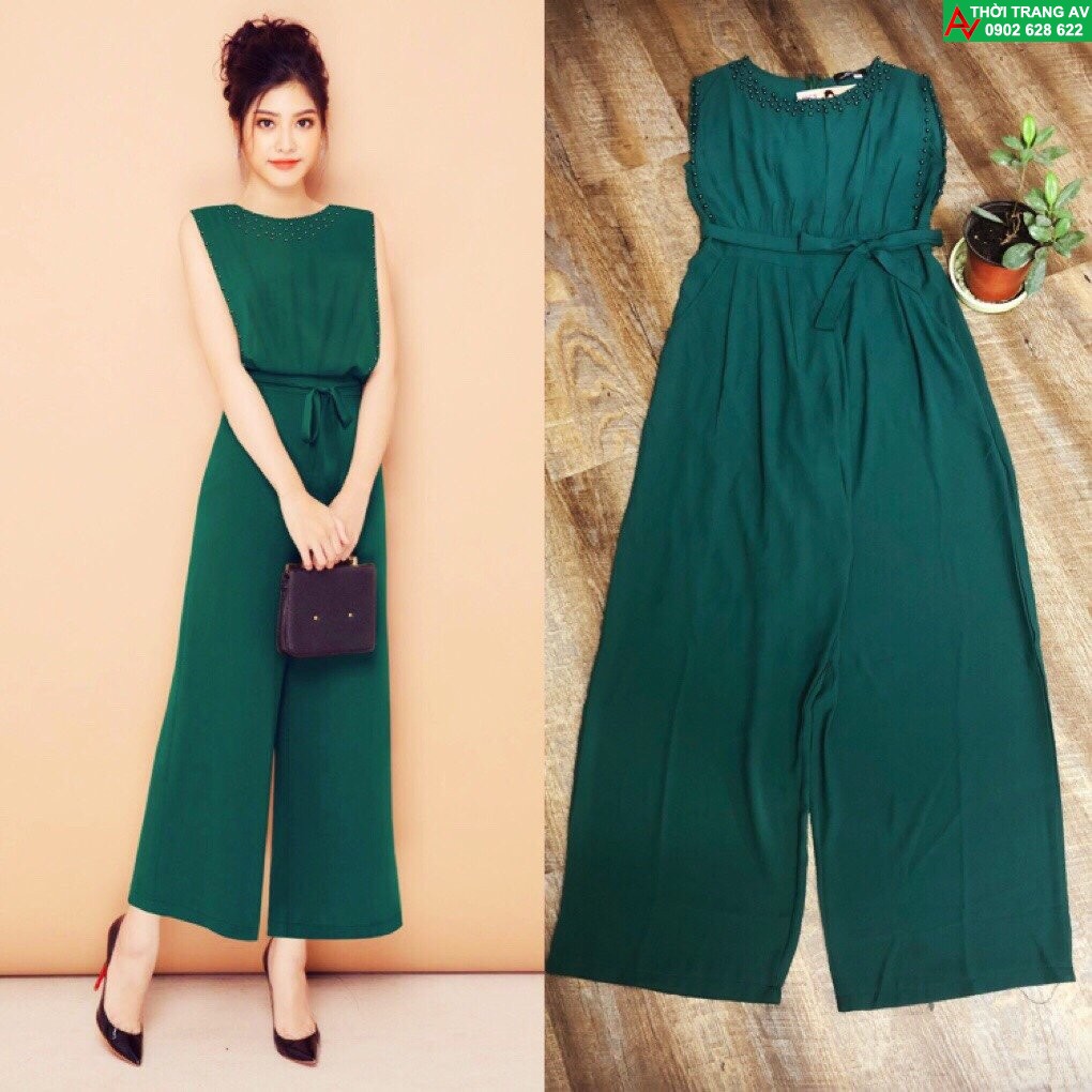 Jumpsuit - Đồ bay dài ống suông rộng thắt nơ đính hột đầy sang trọng - AV6231