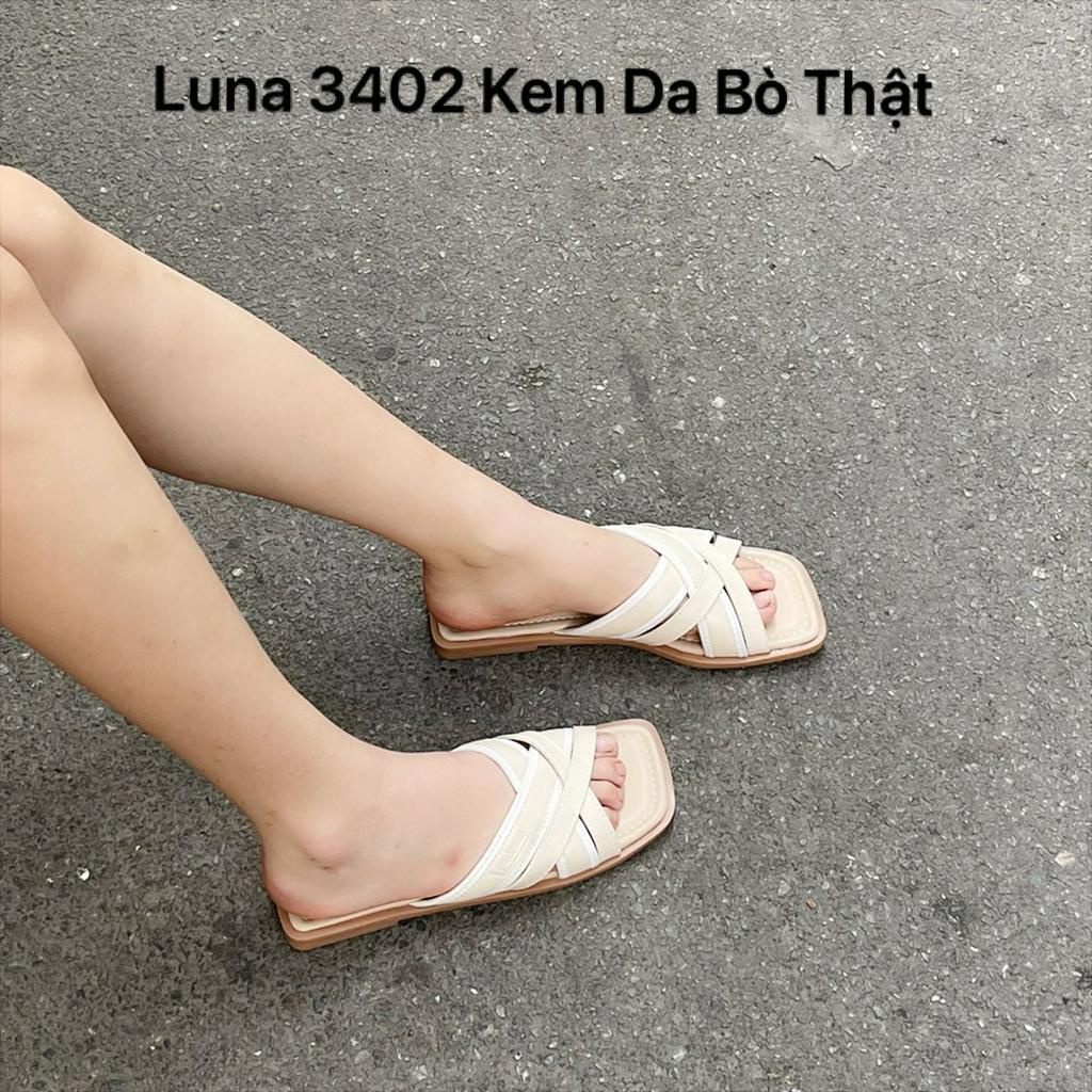 Dép quai chéo nữ đế bệt LUNASHOES 3402 da bò mềm mũi hở êm chân