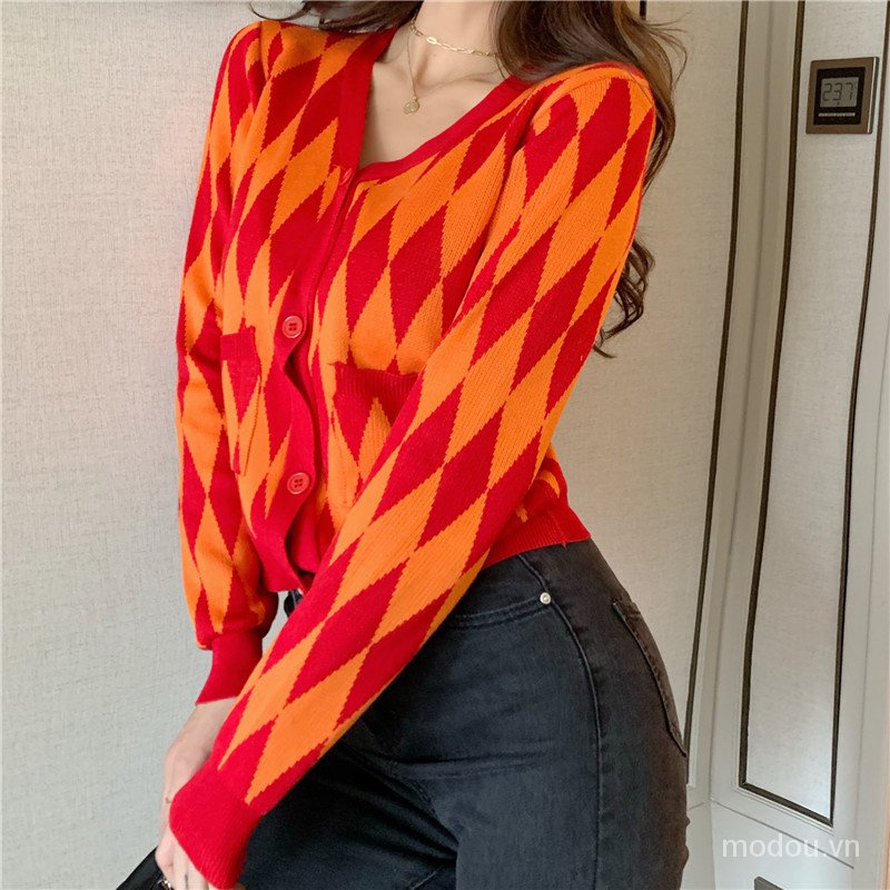 Áo Khoác Cardigan Dệt Kim Tay Dài Cổ Chữ V