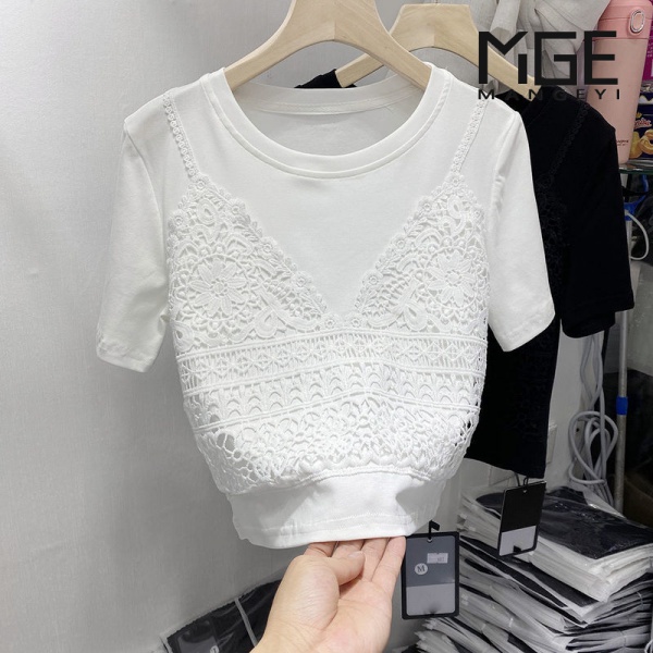 Áo thun tay ngắn cổ tròn giả hai lớp phối ren cotton trơn ôm vừa vặn thời trang mùa hè 2022 mới thanh lịch cho nữ