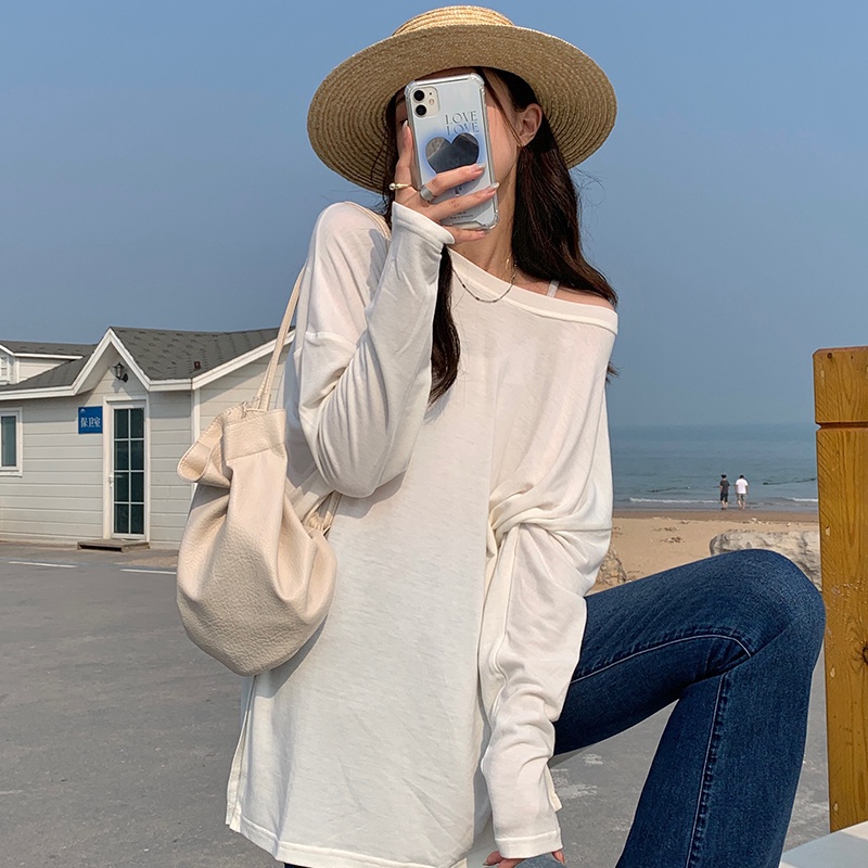 Áo Thun Tay Dài Dáng Rộng Xẻ Tà Kiểu Hàn Quốc Thời Trang Mùa Thu Cho Nữ
