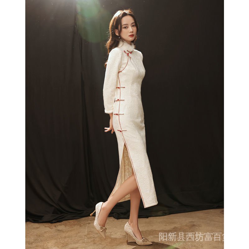 Sườn Xám Cách Tân Dáng Dài Vải Lông Cừu Dày Thời Trang Thu Đông Ấm Áp Cho Nữ