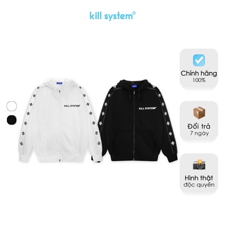 Áo khoác hoodie zip Kill System Line oversize màu đen và trắng có nón nam nữ, vải chân cua, phong cách unisex