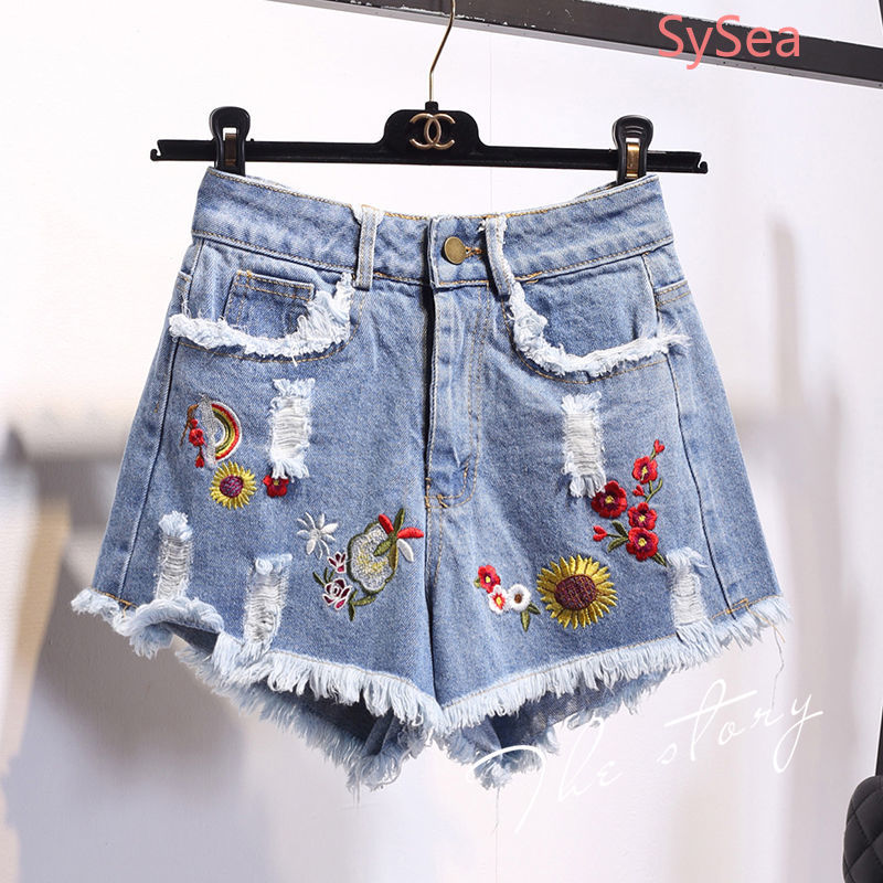 Quần Short Denim Lưng Cao Hoạ Tiết Thêu Có Size Lớn