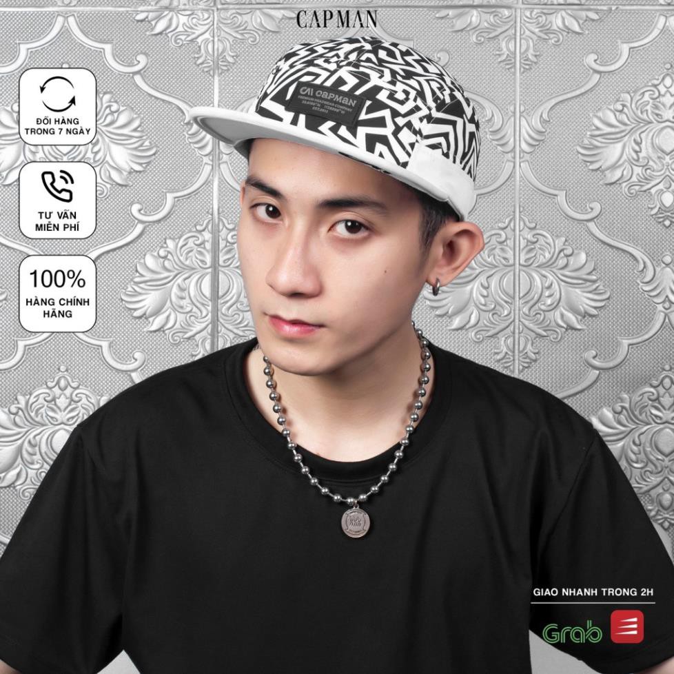 Mũ lưỡi trai CAPMAN chính hãng full box, nón kết nam snapback vải dù CM120 họa tiết đen trắng