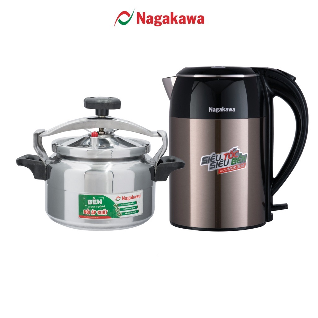 COMBO Ấm siêu tốc 2 lớp inox 304 Nagakawa NAG0315 (1.8L) và nồi áp suất hợp kim nhôm cao cấp NagakawaNAG1441 (4L)