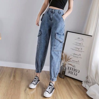 {order bigsize,S-5xl}Quần bò jean ống rộng túi hộp bo gấu chun xinh
