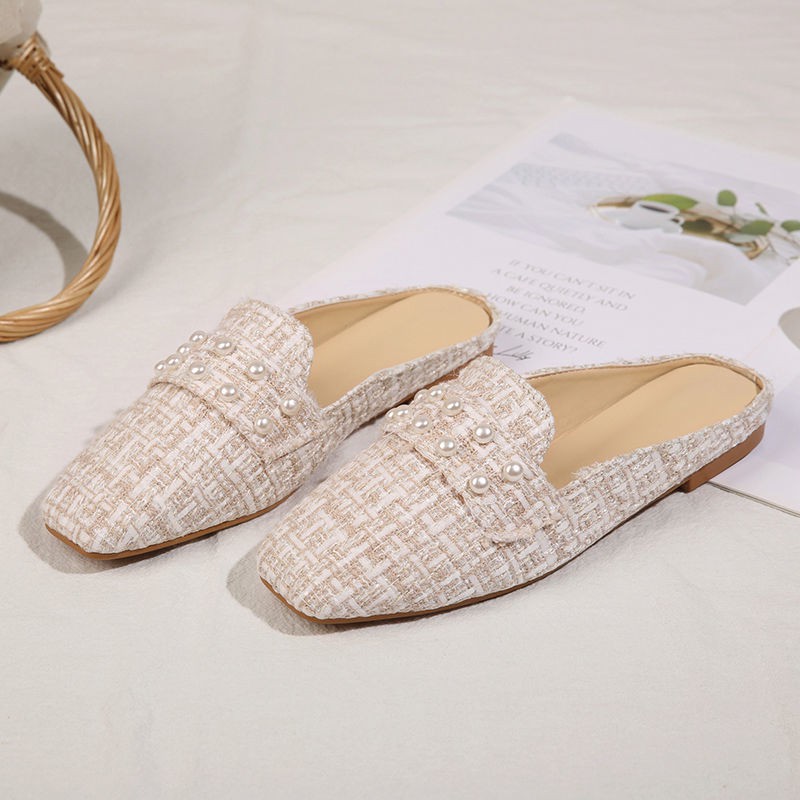 Dép sục nữ chất dạ trắng, mũi tròn đế thấp