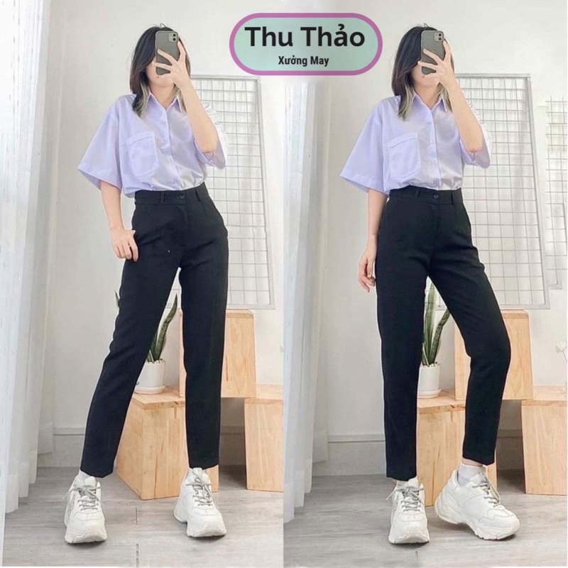 Quần Tây Baggy Đi Học Nữ Cạp Có Đai Lưng Cao Màu Đen Dáng Dài - Quần Vải Công Sở Vitex Dày Dặn Dáng Baggy
