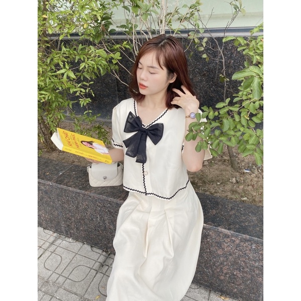 Set bộ áo nơ cúc bọc chân váy xếp ly tiểu thư đi tiệc đi chơi