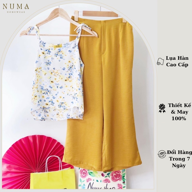 Set bộ hai dây cột nơ Áo hoạ tiết phối quần lụa trơn Joli long Set Numahomewear