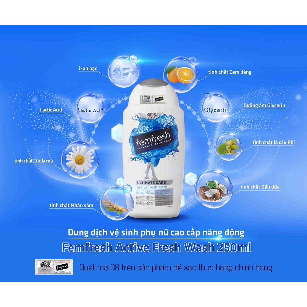 Dung Dịch Vệ Sinh Dành Cho Nữ Femfresh Active Fresh Wash 250ml - Xanh Dương