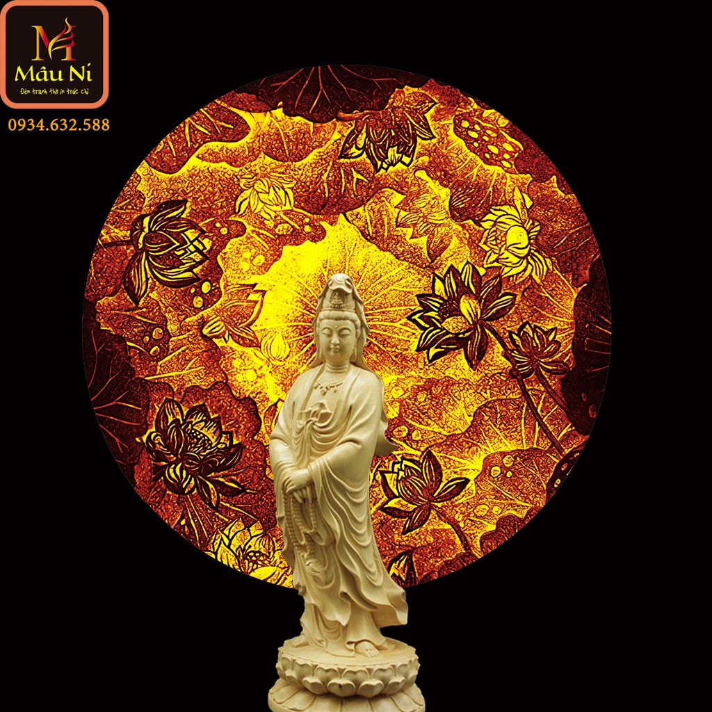 Đèn Để Bàn Trang Trí Bàn Thờ / Đèn Hoa Sen in họa tiết tranh trúc chỉ, khung sắt, Đường kính 30cm