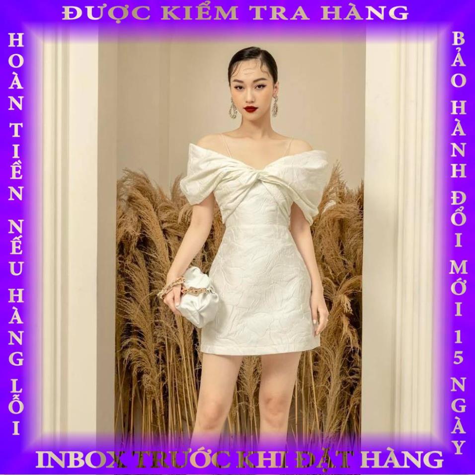 Đầm trắng đi tiệc hai dây, trễ vai, dáng xòe sang trọng - chất liệu vải gấm - Krytas gianglinh