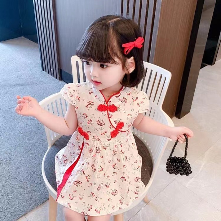 SANITKUN Đầm sườn xám vải mỏng phong cách Trung Hoa thời trang phong cách mùa hè cho bé gái