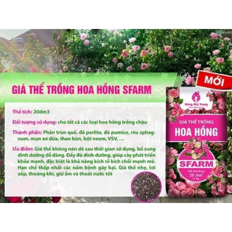 GIÁ THỂ TRỒNG HOA HỒNG, ĐẤT TRỒNG HOA HỒNG SFARM BAO 20dm3, khoảng 7kg