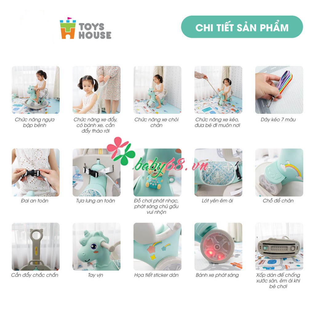 Ngựa bập bênh đa năng kiêm xe chòi chân và xe đẩy cho bé Toys House WM19033, hàng chính hãng cho bé