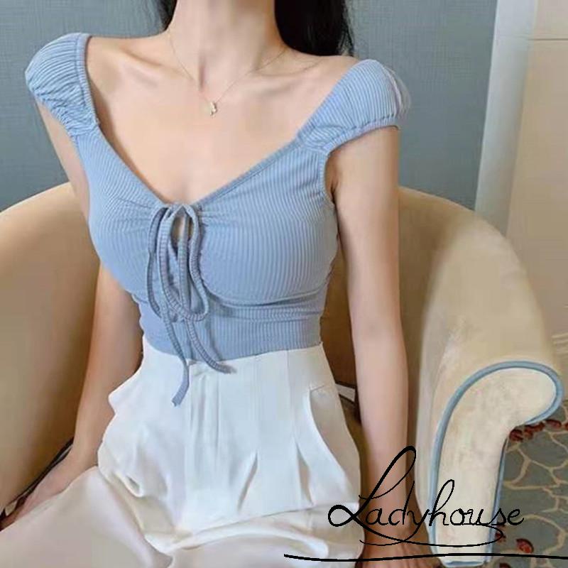 Áo Croptop Dệt Kim Tay Ngắn Màu Sắc Trơn Cột Dây Phía Trước Gợi Cảm Cho Nữ