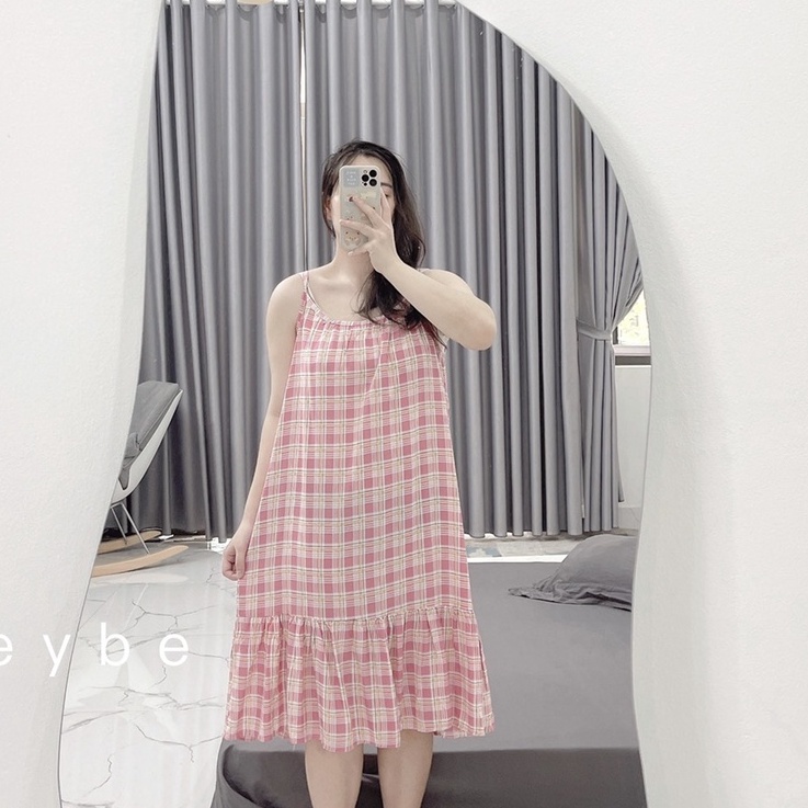 Váy hai dây lanh ngủ mát mặc nhà dáng dài mùa hè VN1 Freesize 68kg