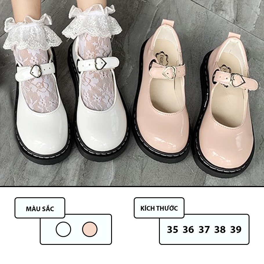 Giày Lolita Nữ Ulzzang Vintage, Giày Mary Jane Da Bóng Mũi Tròn Khóa Cài Hình Trái Tim Đế 3cm Hàn Quốc_ Iclassy_shoes