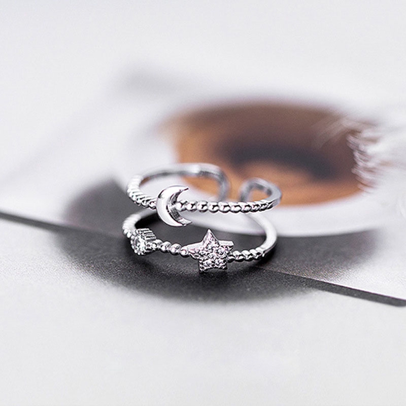 Nhẫn mở hai lớp đính đá hình ngôi sao và mặt trăng thời trang kiểu Hàn cho nữ