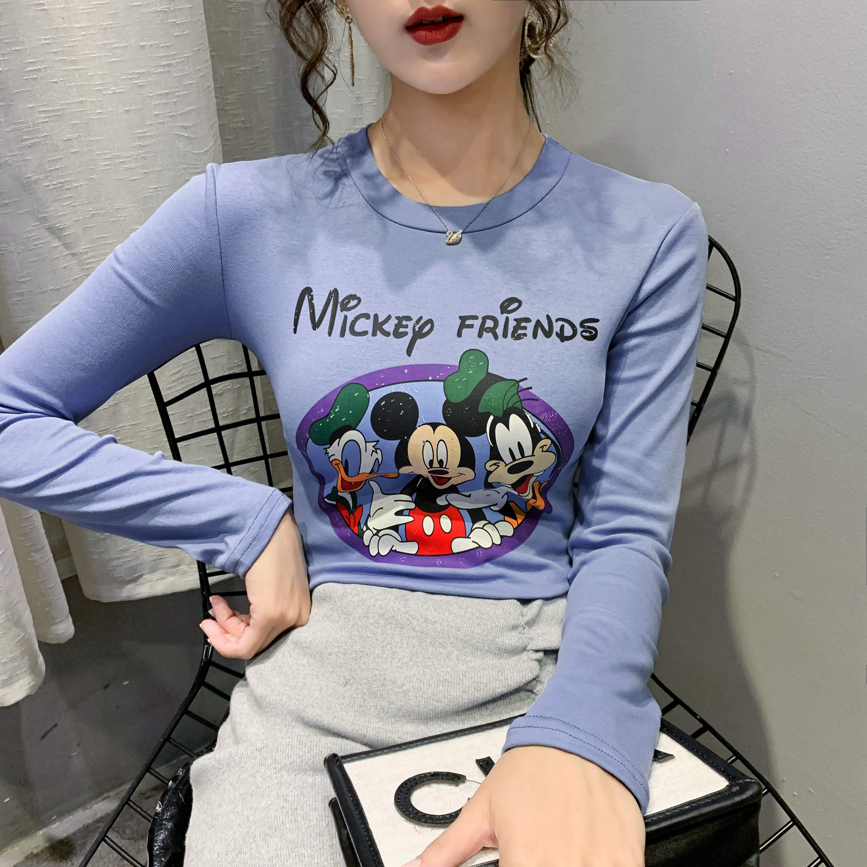 Áo Thun Cotton Tay Dài Dáng Ôm In Hình Chuột Mickey Đáng Yêu Cho Nữ