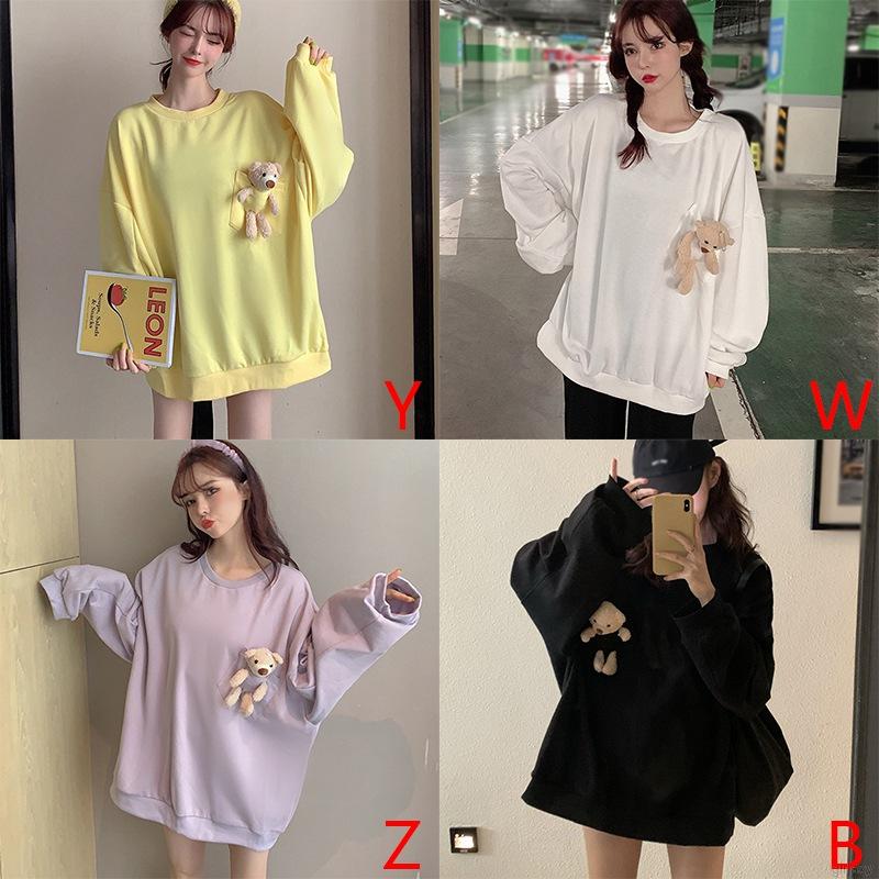 Áo sweater dài tay màu trơn trang trí gấu đáng yêu | BigBuy360 - bigbuy360.vn