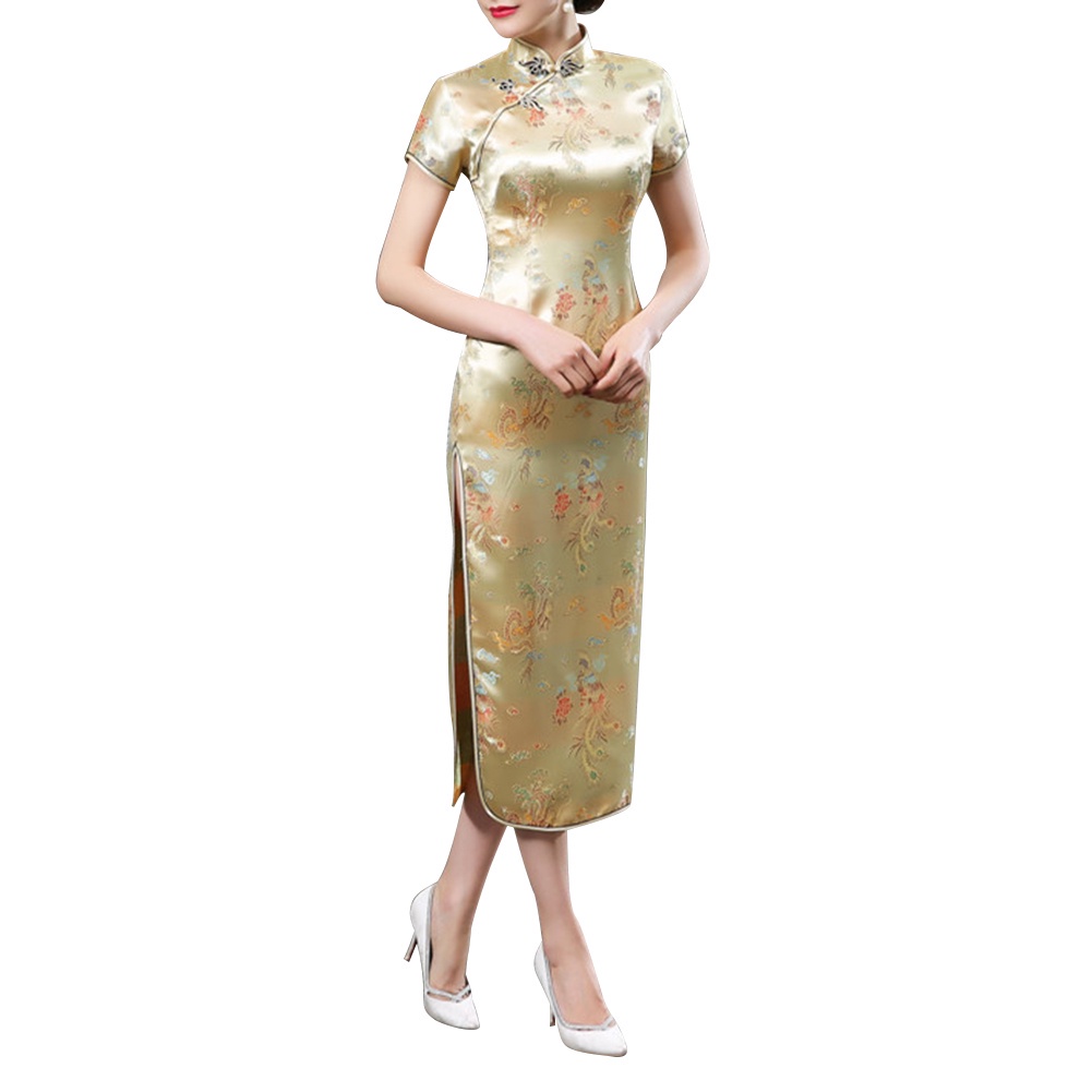Sườn xám Trung Hoa xẻ tà thêu hoa thanh lịch cho nữ