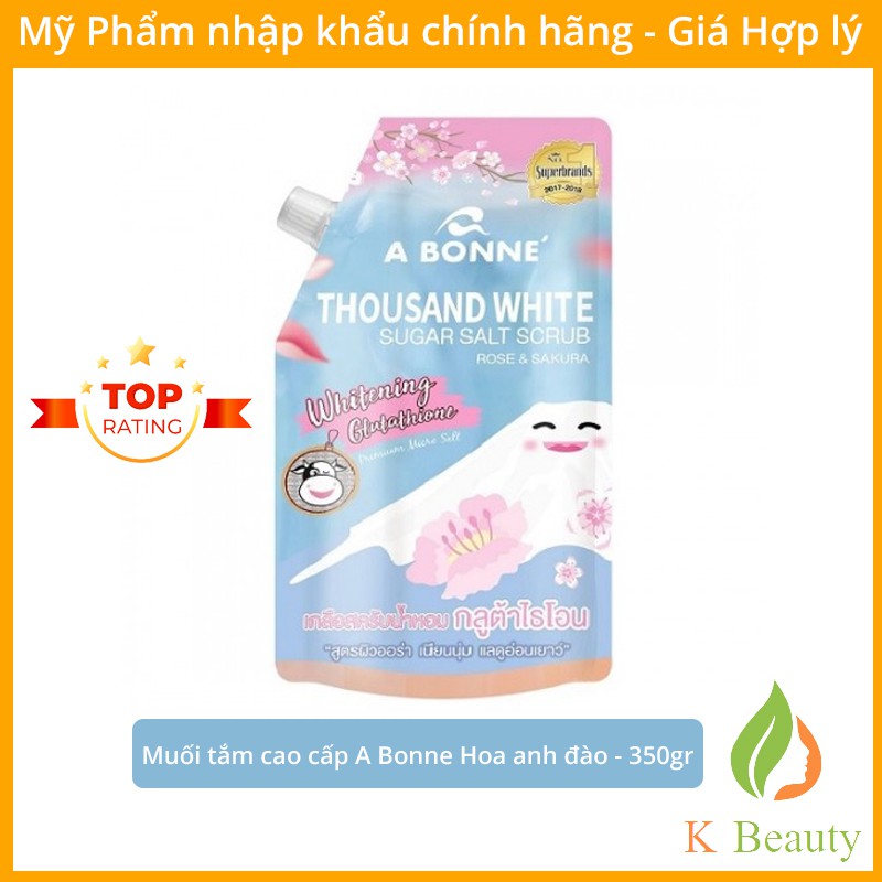 Muối Tắm trắng da A Bonne' Thousand White Sugar Salt Scrub - Hoa hồng &amp; Hoa anh đào - 350g (Có Vòi) - [Hàng Cao Cấp]